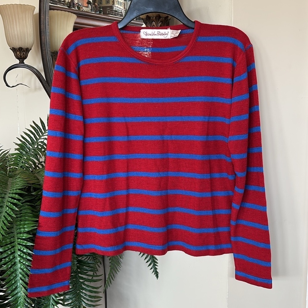 Vintage Diane Von Furstenberg Wool Blend Red & Blue Striped Long Sleeve Knit Top